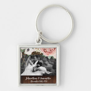 Personalized Photo Key Chain Geometric Garden Rose