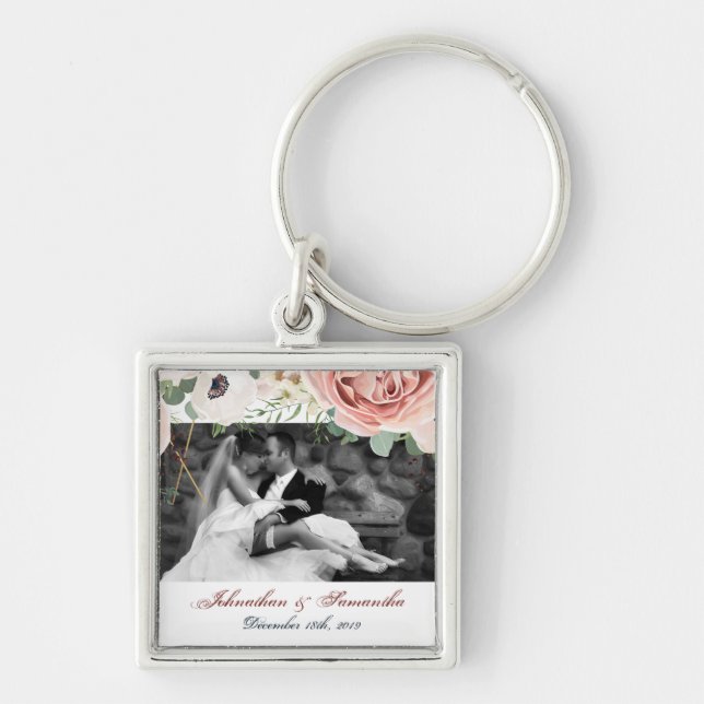 Personalized Photo Key Chain Geometric Garden Rose (Front)