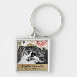 Personalized Photo Key Chain Geometric Garden Rose