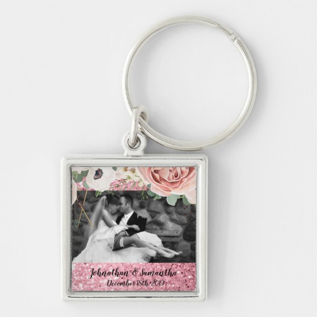 Personalized Photo Key Chain Geometric Garden Rose (Front)