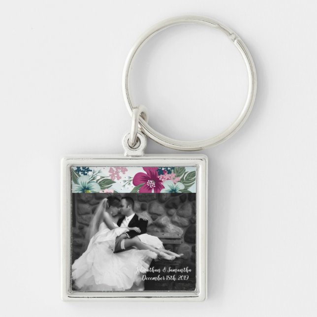 Personalized Photo Key Chain Tropical Flower on Bl (Front)