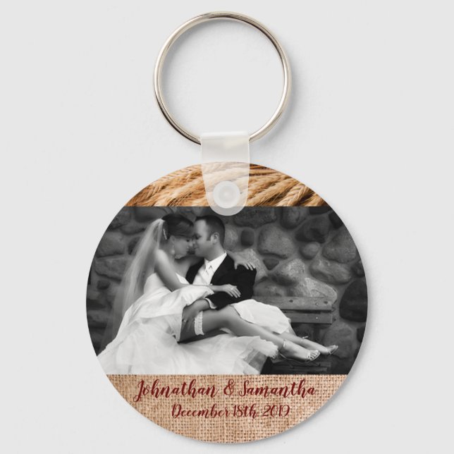 Personalized Photo Key Chain Wheat on Burlap Sack (Front)