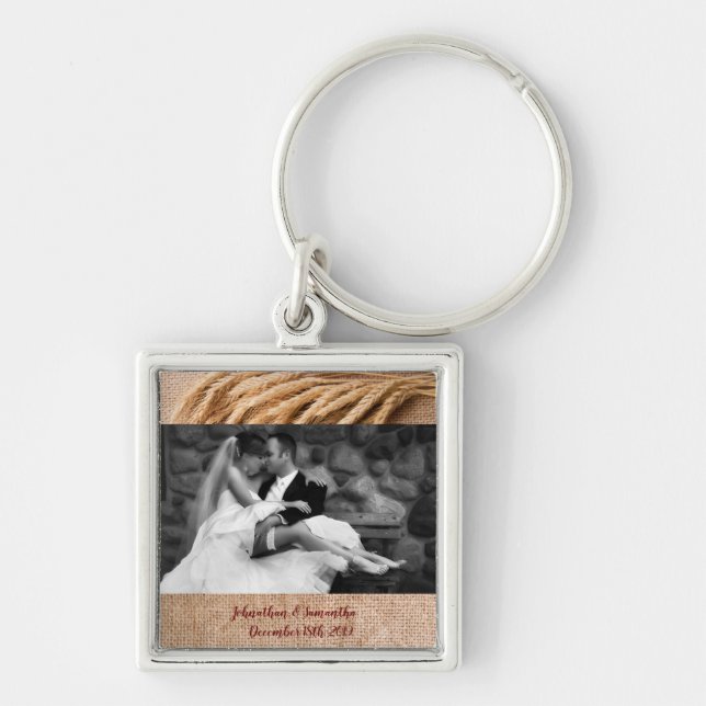 Personalized Photo Key Chain Wheat on Burlap Sack (Front)