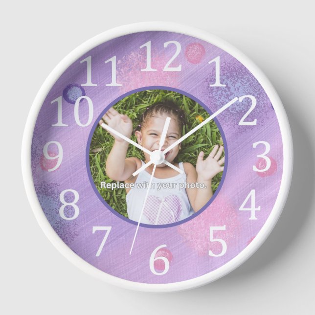 Personalized Photo Lavender Frame Wall Clock (Front)