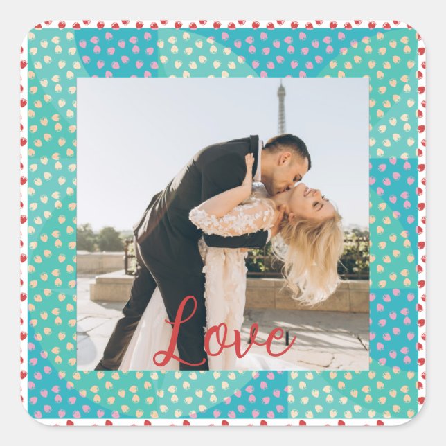 Personalized Photo LOVE Strawberry Frame Square Sticker (Front)