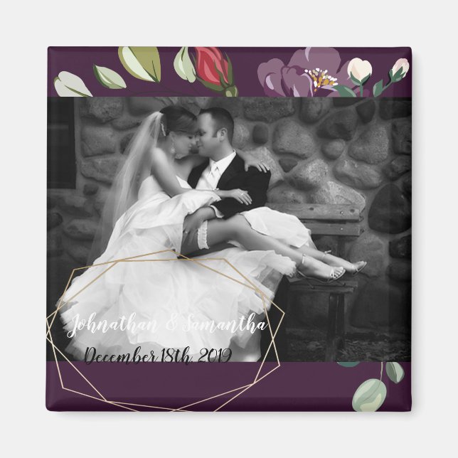 Personalized Photo Magnet Plum Purple Roses Gold G (Front)
