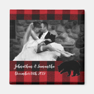 Personalized Photo Magnet Red Buffalo Plaid Bear