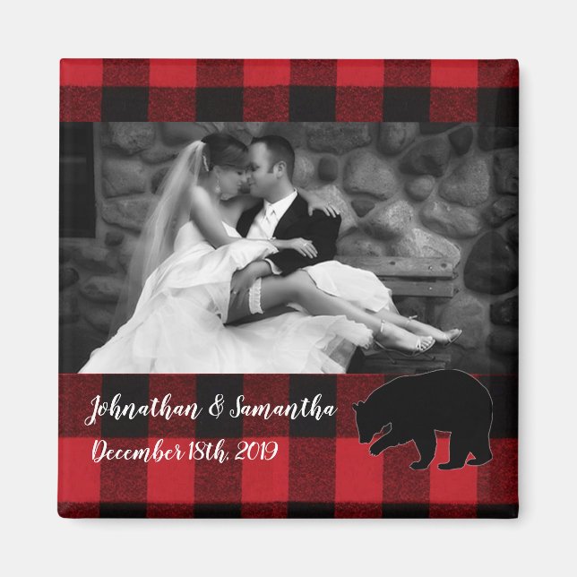 Personalized Photo Magnet Red Buffalo Plaid Bear (Front)