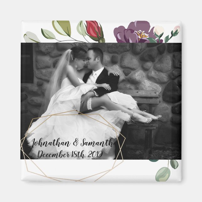 Personalized Photo Magnet White Roses Gold Geometr (Front)