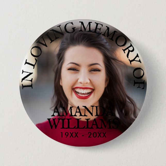 Personalized Photo Memorial Black Text 3 Inch Round Button (Front)