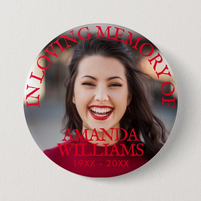 Personalized Photo Memorial Red Text 3 Inch Round Button (Front)