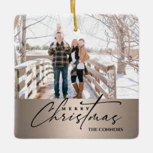 Personalized Photo Merry Christmas Script Family  Ceramic Ornament