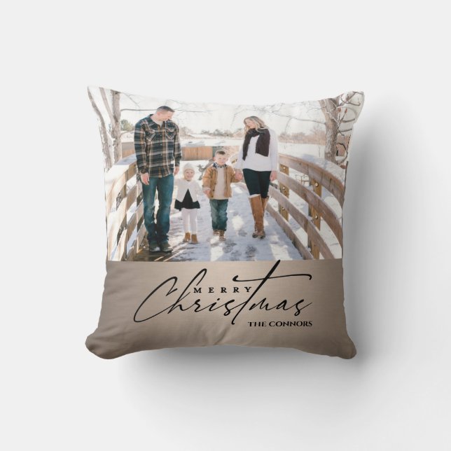 Personalized Photo Merry Christmas Script Family  Throw Pillow (Front)