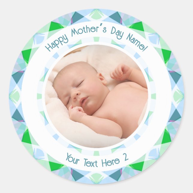 Personalized Photo Message Blue Green Mother’s Day Classic Round Sticker (Front)