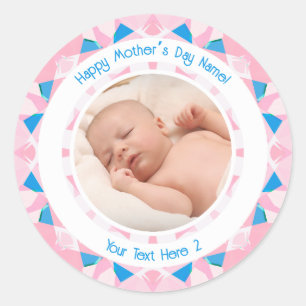 Personalized Photo Message Pink Blue Mother’s Day Classic Round Sticker