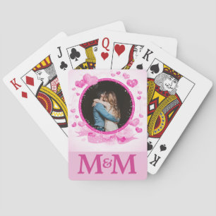Personalized Photo Monogram Hearts Pink Wedding Playing Cards