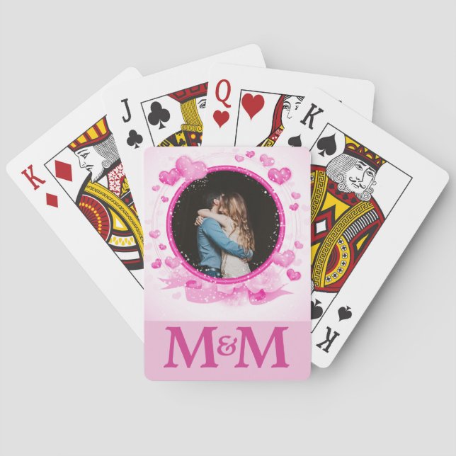 Personalized Photo Monogram Hearts Pink Wedding Playing Cards (Back)