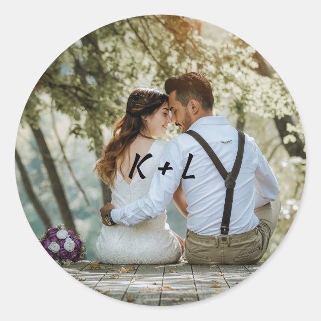 Personalized Photo Monogram Wedding Classic Round Sticker (Front)
