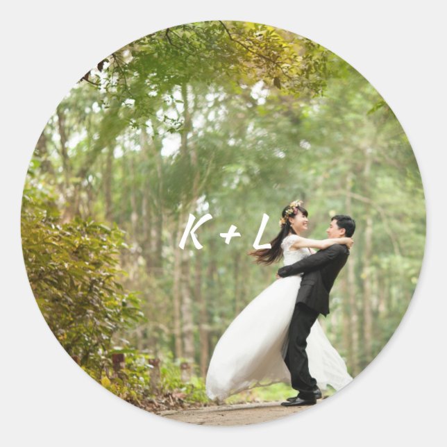 Personalized Photo Monogram Wedding Classic Round Sticker (Front)