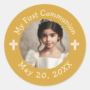 Personalized Photo My First Communion Floral Cross Classic Round Sticker