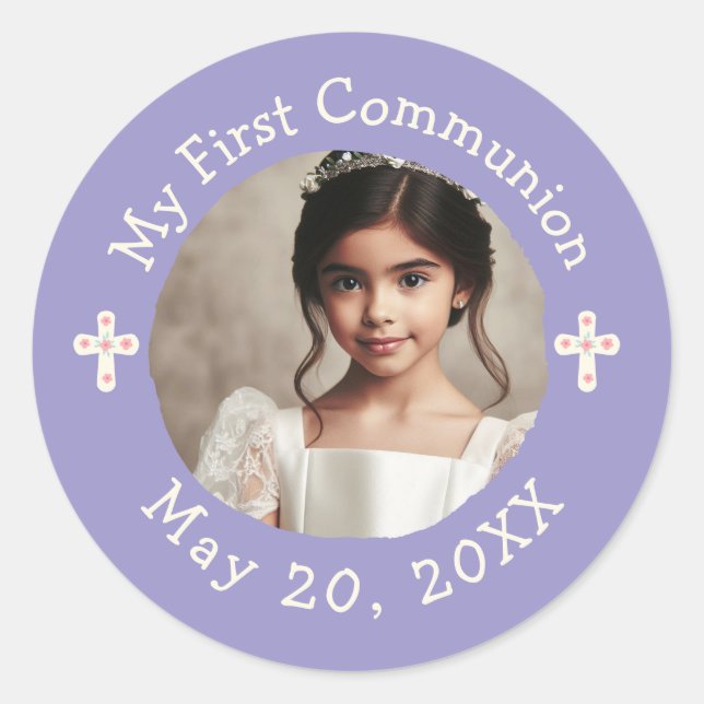 Personalized Photo My First Communion Floral Cross Classic Round Sticker (Front)