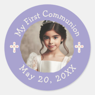 Personalized Photo My First Communion Floral Cross Classic Round Sticker