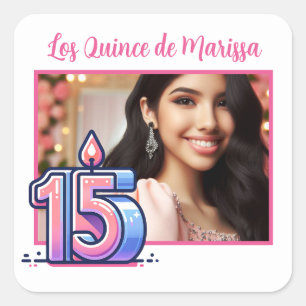 Personalized Photo Name 15th Birthday Los Quince  Square Sticker