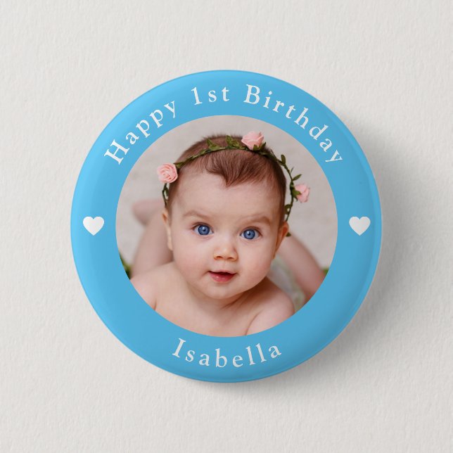 Personalized Photo, Name, Age Birthday Baby Blue 2 Inch Round Button (Front)