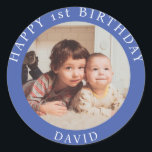 Personalized Photo, Name And Age Birthday Classic Classic Round Sticker<br><div class="desc">Personalized Photo,  Name And Age Birthday Classic

Adorable personalized photo,  name and age birthday pink classic round sticker.
Blue, happy birthday, add photo, script typography calligraphy, adorable trendy chic, love heart shape, add name age, girls daughter granddaughter sister, gift wrapping, party supplies labels</div>