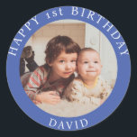 Personalized Photo, Name And Age Birthday Classic Classic Round Sticker<br><div class="desc">Personalized Photo,  Name And Age Birthday Classic

Adorable personalized photo,  name and age birthday pink classic round sticker.
Blue, happy birthday, add photo, script typography calligraphy, adorable trendy chic, love heart shape, add name age, girls daughter granddaughter sister, gift wrapping, party supplies labels</div>