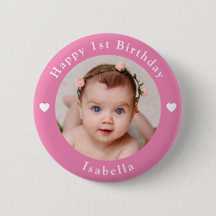 Personalized Photo, Name And Age Birthday Pink 2 Inch Round Button
