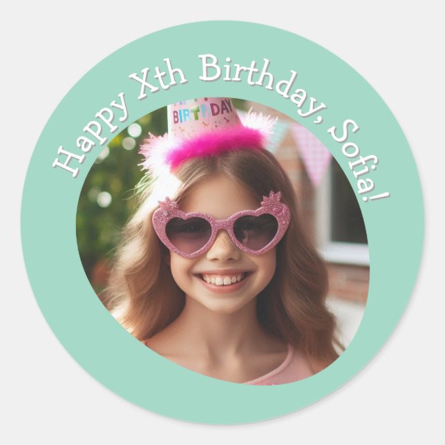 Personalized Photo Name and Age Happy Birthday  Classic Round Sticker (Front)