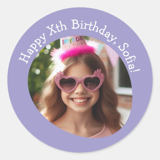 Personalized Photo Name and Age Happy Birthday  Classic Round Sticker (Front)