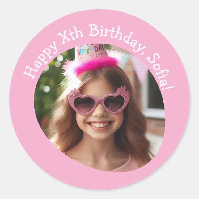 Personalized Photo Name and Age Happy Birthday  Classic Round Sticker (Front)