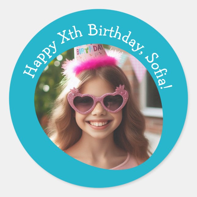 Personalized Photo Name and Age Happy Birthday  Classic Round Sticker (Front)