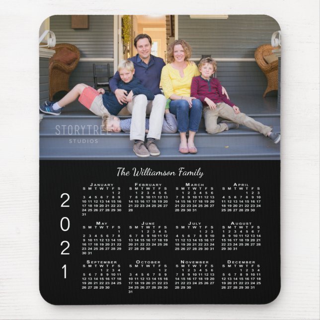 Personalized Photo Name Black 2021 Calendar Mouse Pad (Front)
