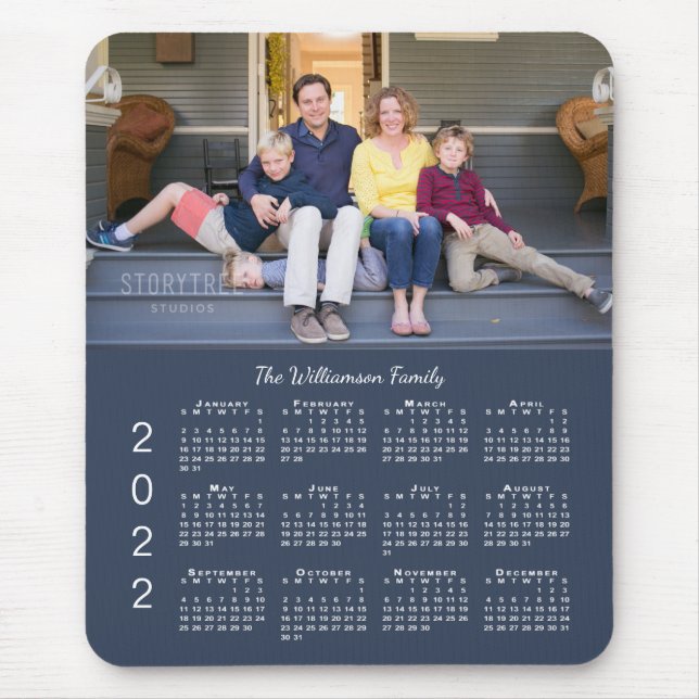 Personalized Photo Name Navy Blue 2022 Calendar Mouse Pad (Front)