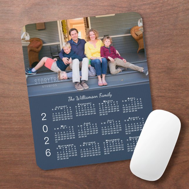 Personalized Photo Name Navy Blue 2026 Calendar Mouse Pad (Personalized Photo Name Navy Blue 2026 Calendar Mouse Pad, in situ)