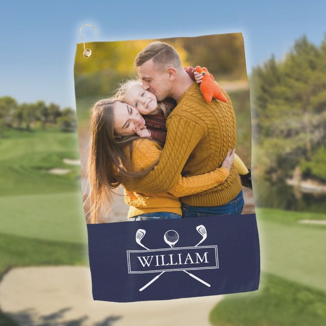 Personalized Photo Name Navy Blue Golf Clubs Ball Towel (Personalized Photo Name Navy Blue Golf Clubs Ball Golf Towel)