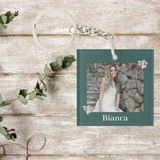 Personalized Photo Name Pink Floral Hunter Green Keychain