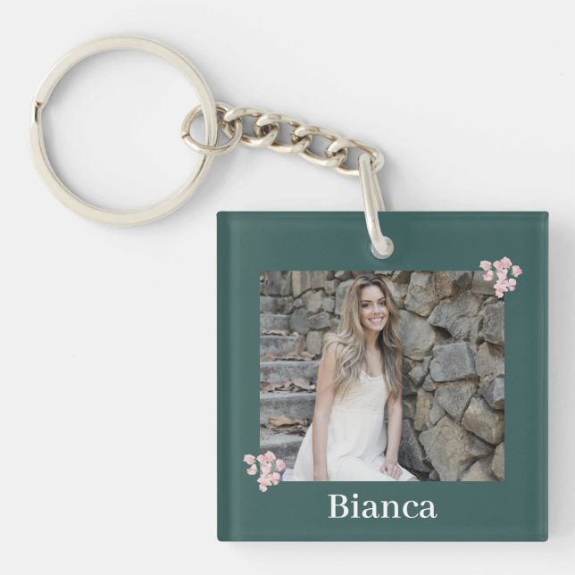 Personalized Photo Name Pink Floral Hunter Green Keychain (Front)
