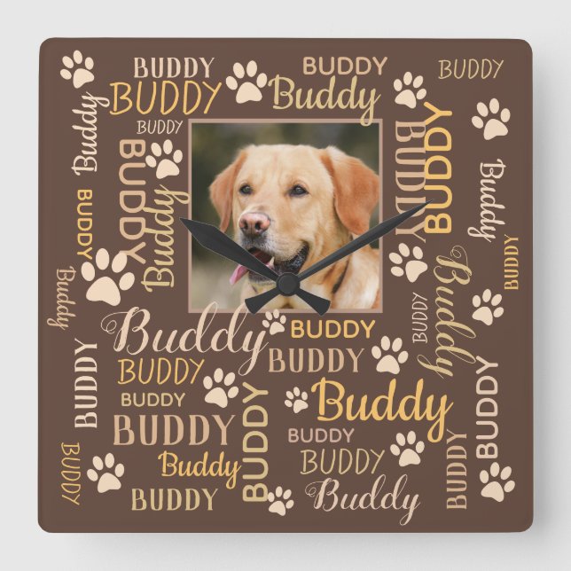 Personalized Photo Names | Brown Dog Square Wall Clock (Front)