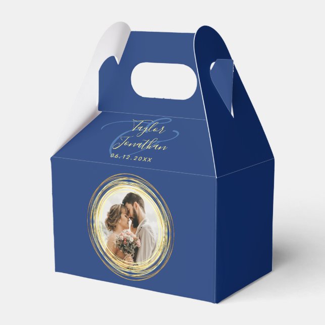 Personalized Photo Navy Blue Gold Wedding Minimal Favor Box (Front Side)