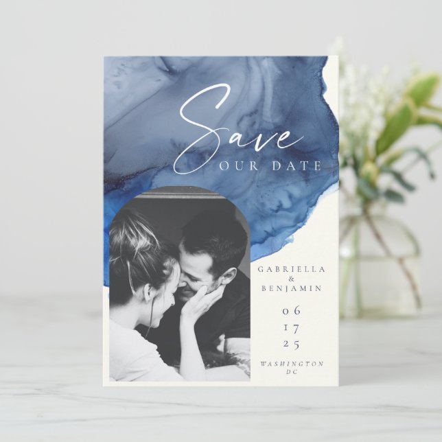 Personalized Photo Navy Blue Watercolor Wedding  Save The Date (Standing Front)