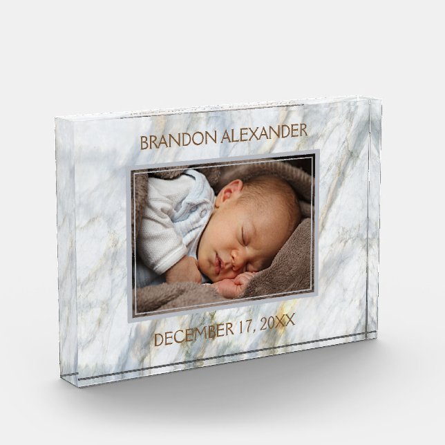 Personalized Photo On Elegant Blue Marble Pattern Block (Left)