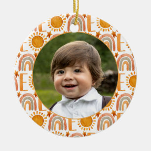 Personalized Photo "One" Rainbow & Sunshine Ceramic Ornament