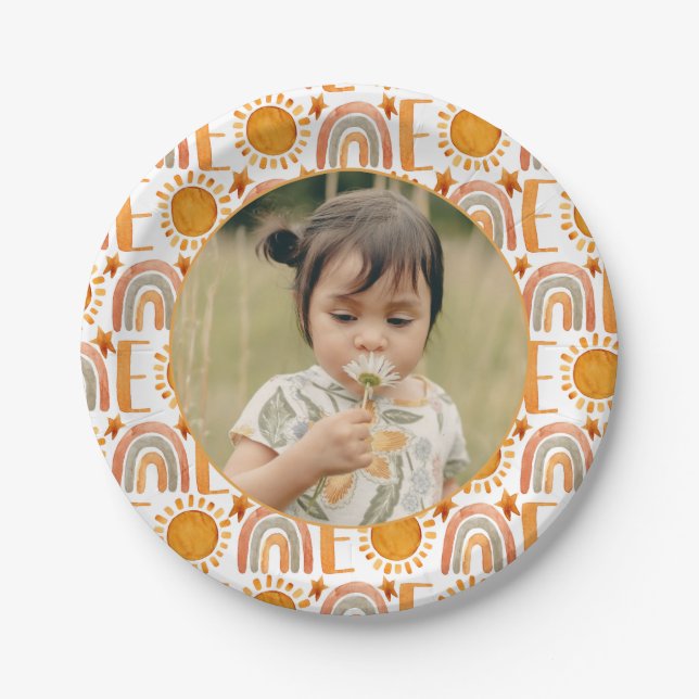 Personalized Photo "One" Rainbow & Sunshine  Paper Paper Plate (Front)