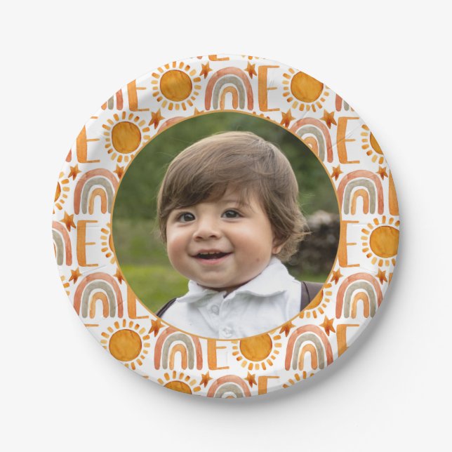 Personalized Photo "One" Rainbow & Sunshine Paper Plate (Front)