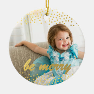 Personalized photo ornament be merry gold
