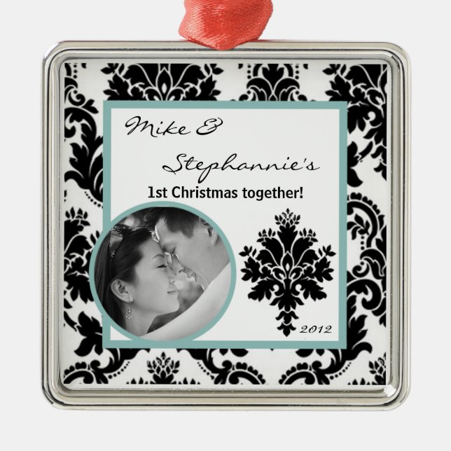 Personalized Photo Ornament Black Damask (Front)